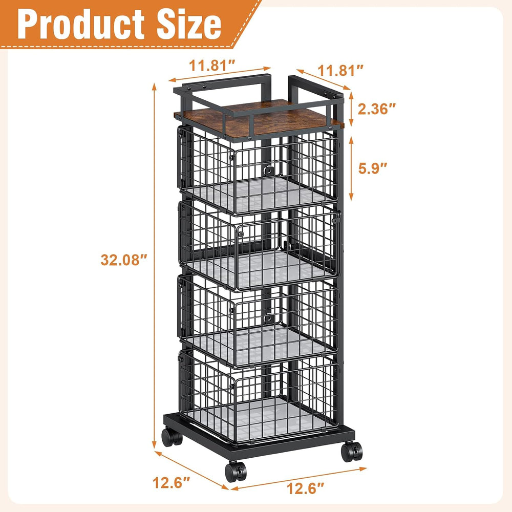 4-Tier Kitchen Storage Cart, Rotating Fruit Vegetable Storage Cart, Rolling K...