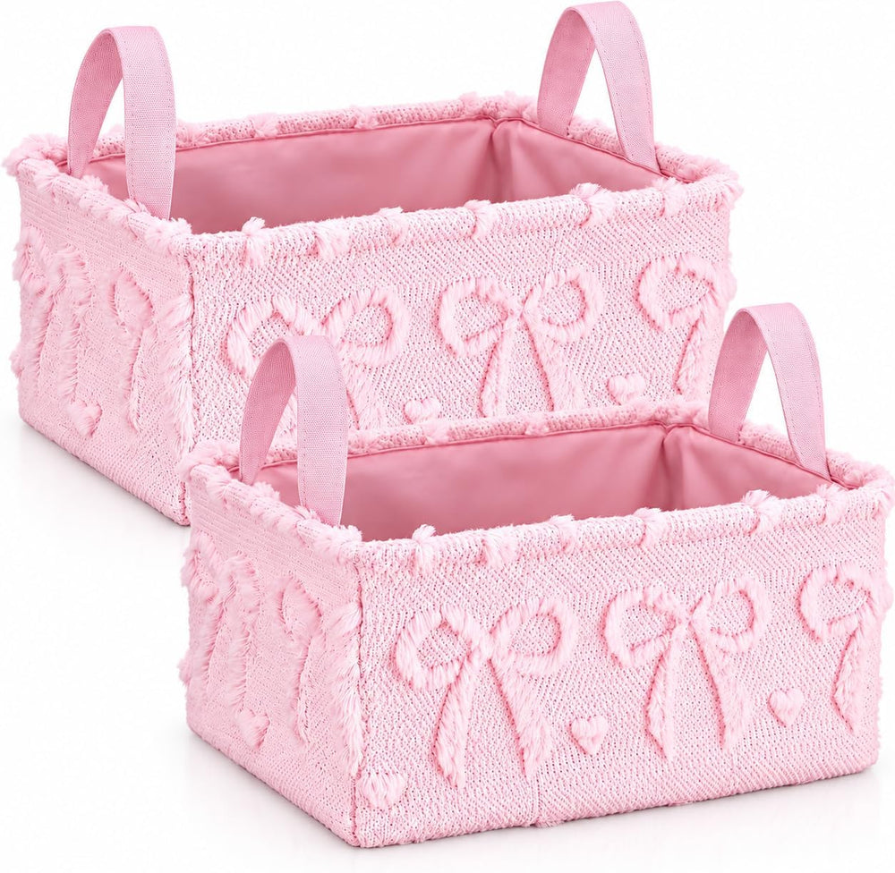 2 Pack Pink Bow Storage Baskets, 14x10'' Foldable Bins with Handles