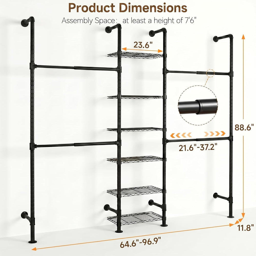 F3 Wall Mounted Closet System, Industrial Pipe Clothing Rack for Hanging Clot...