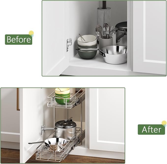 2 Tier Individual Pull Out Cabinet Organizer 7½" W x 21½" D, Heavy ...