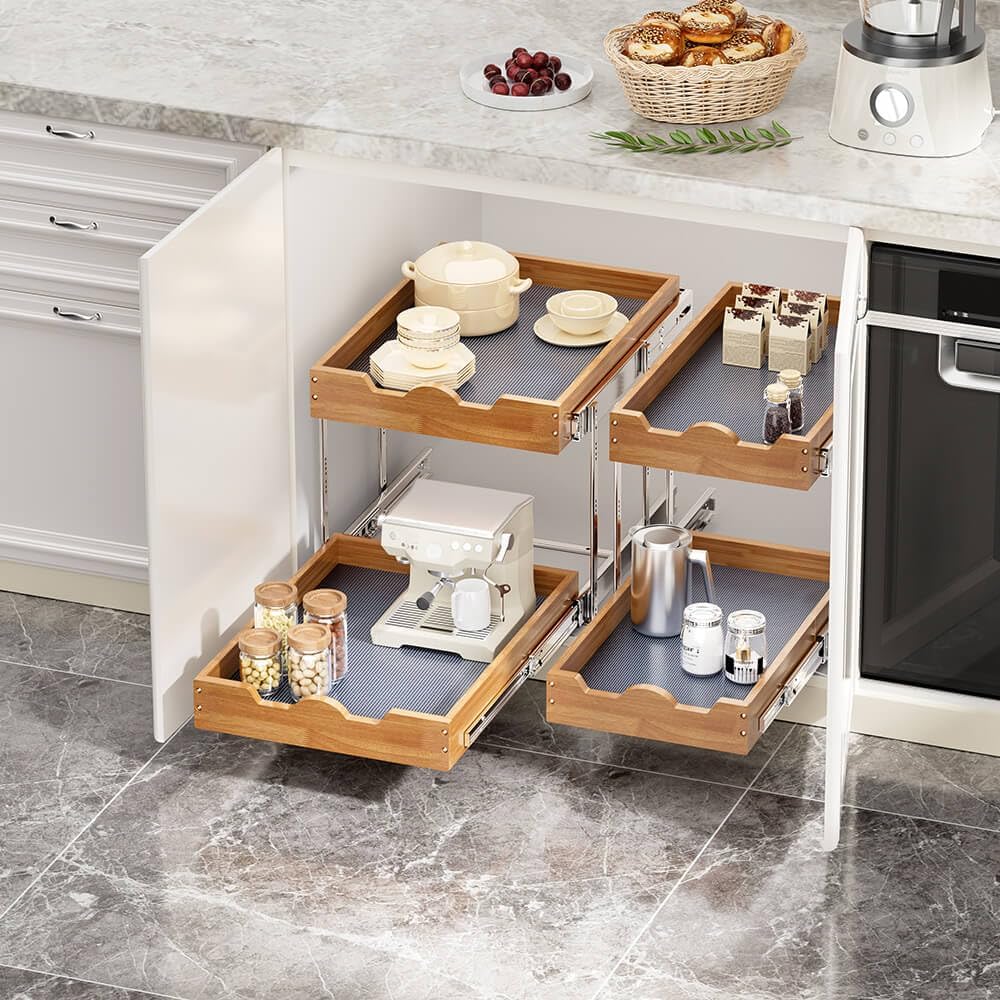 OCG 2 Tier Pull Out Cabinet Organizer (20"W x 21"D), Heavy-Duty Sli...