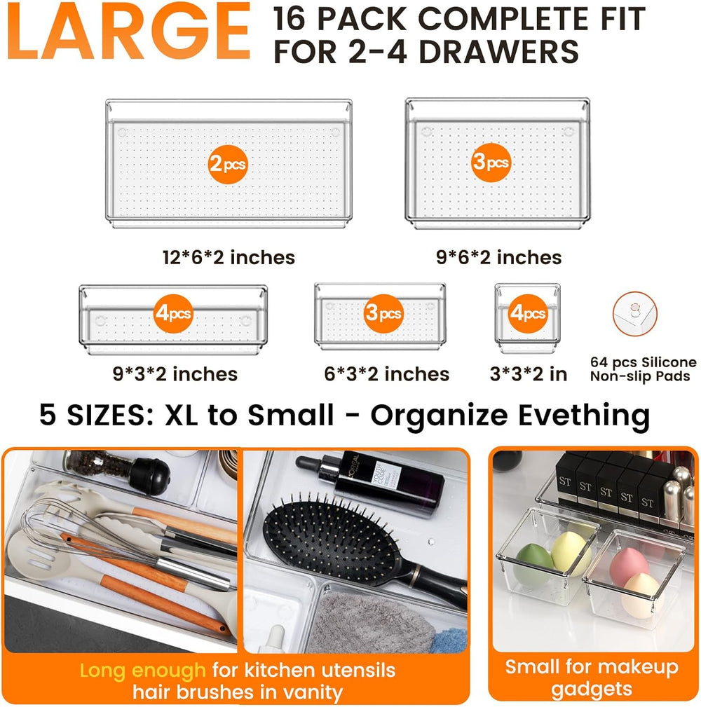 16 Pack Large Clear Plastic Drawer Organizer Bins - 5 Size Acrylic Bathroom a...