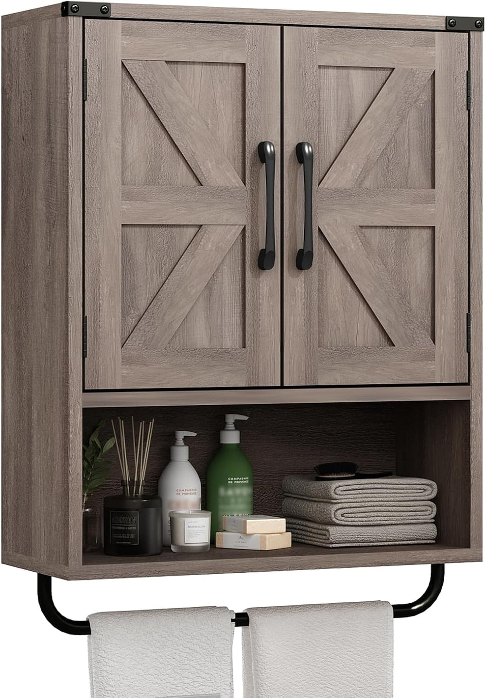 RUSTOWN Farmhouse Wall Storage Cabinet with 2 Barn Door & Towel Rack