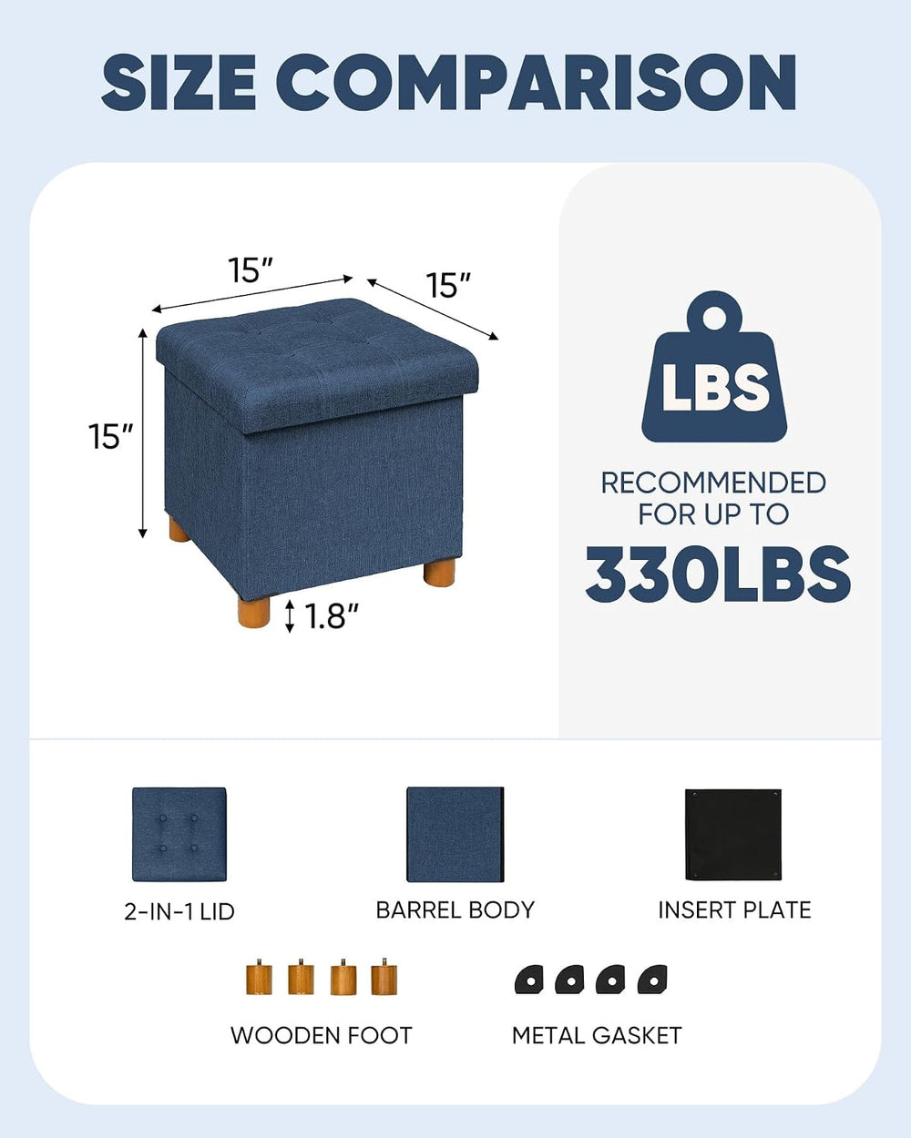 B FSOBEIIALEO 15" Square Storage Ottoman with Tray, Wood Legs, Linen Blue