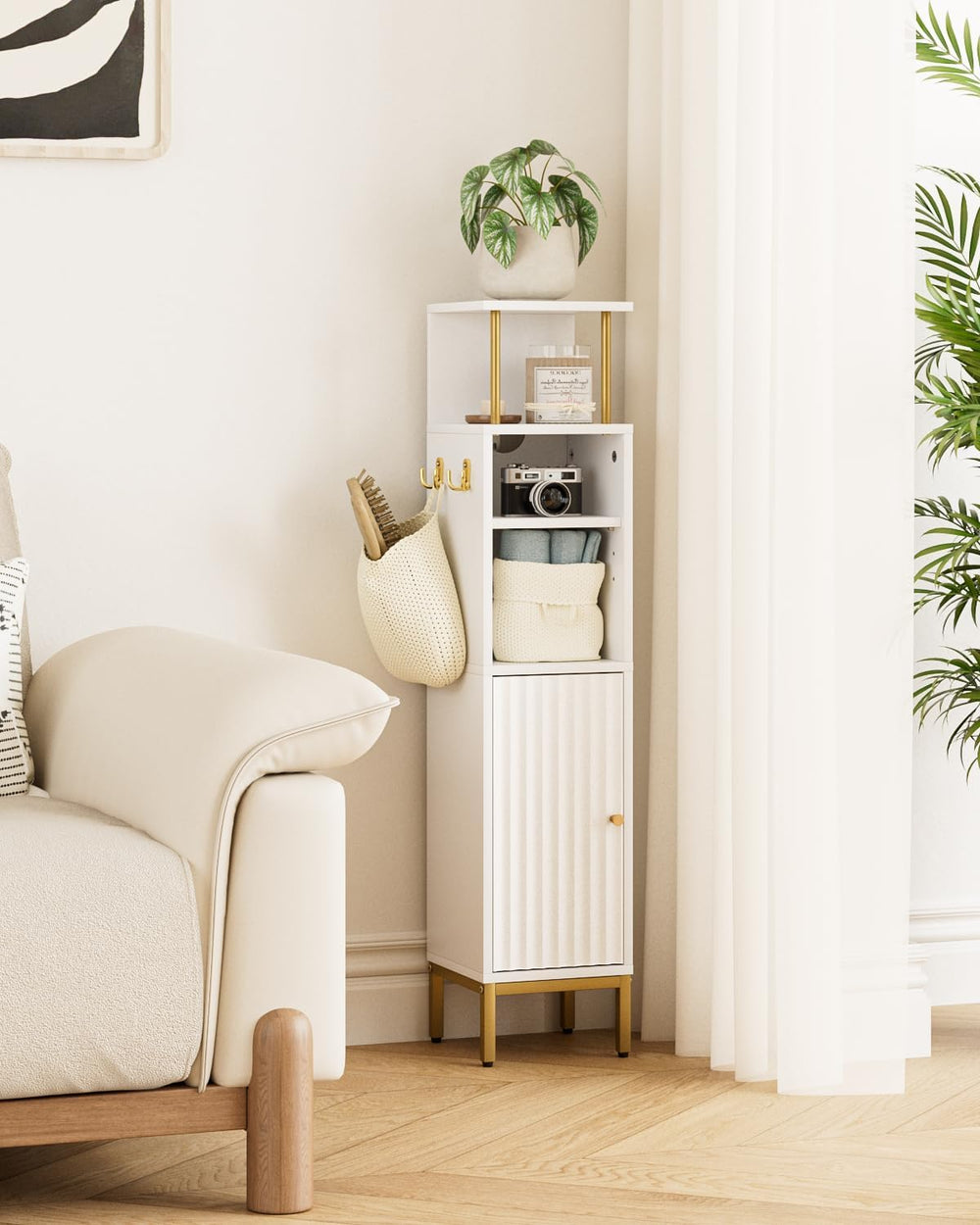 Bathroom Storage Cabinet,Small Corner Floor Cabinet with 2 Hook,Narrow Toilet...