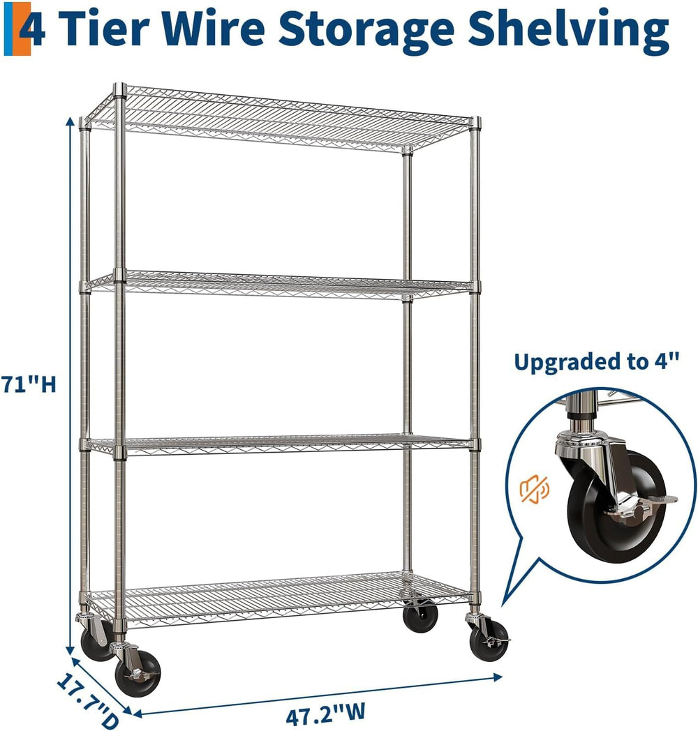 4-Tier Wire Shelving with Wheels, 47''W×18''D×71''H, ...
