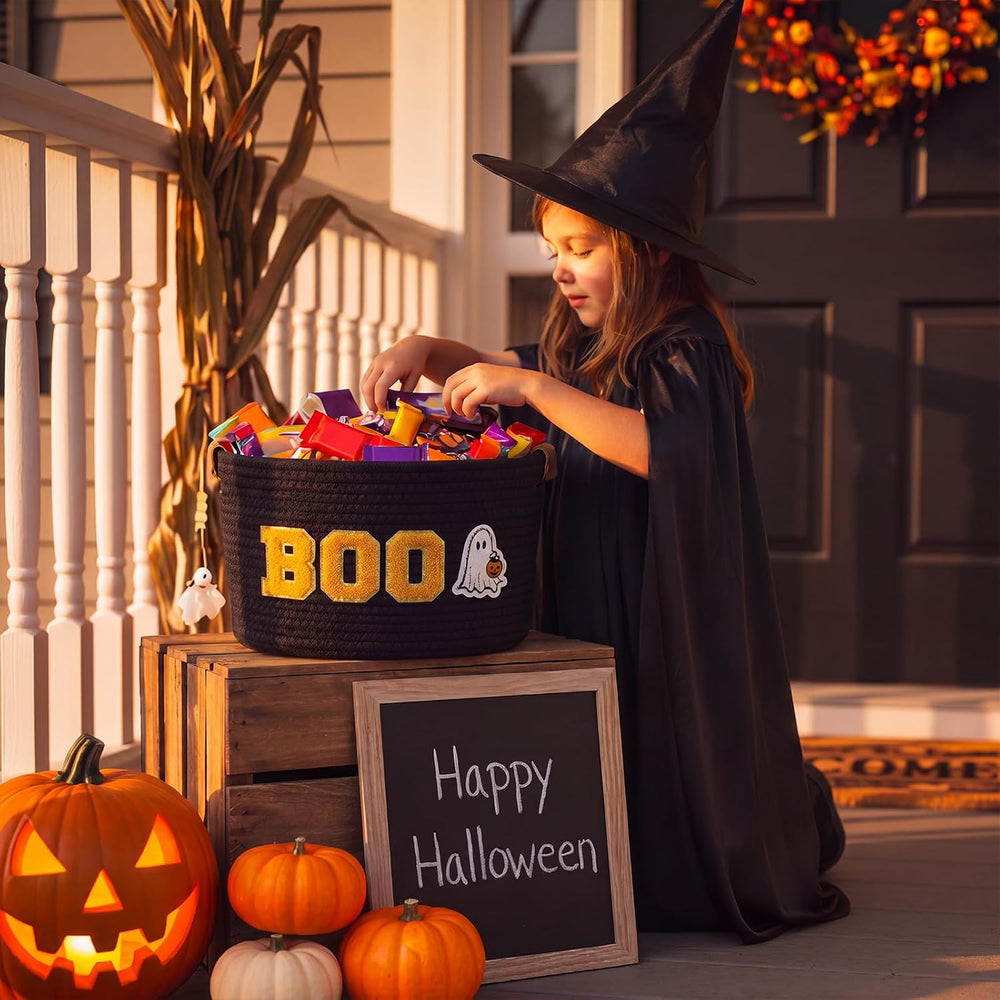 Halloween Woven Rope Basket with Boo Ghost Stickers
