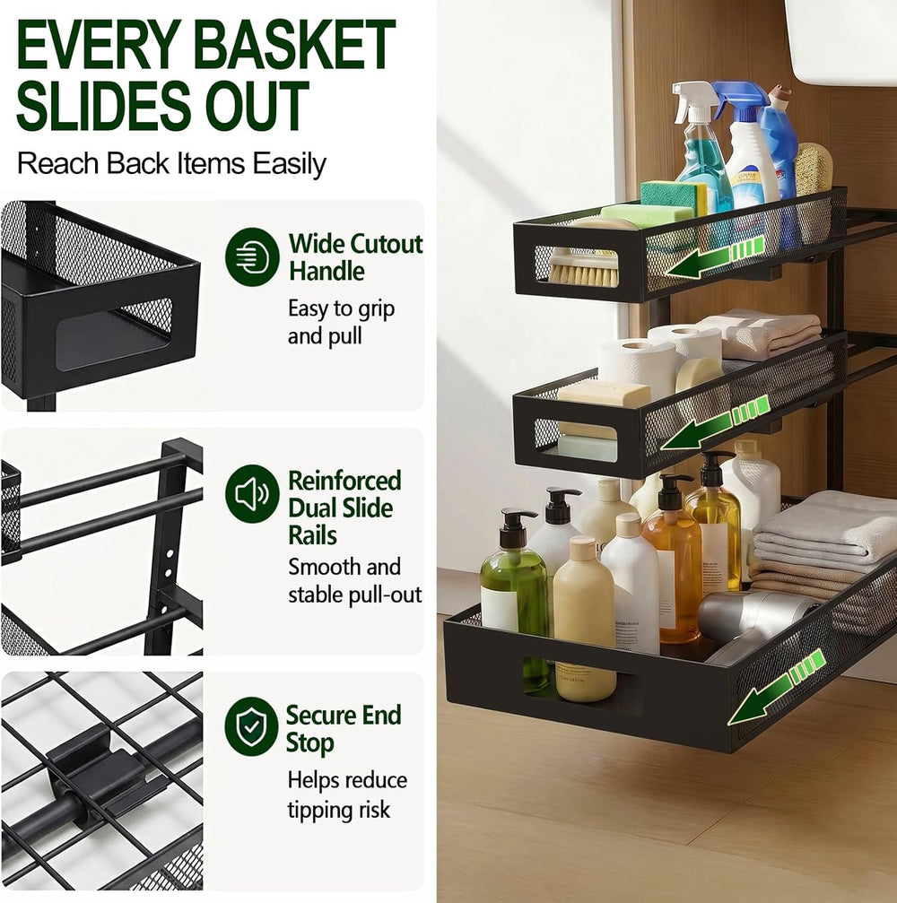 3 Tier Under Sink Organizer for Bathroom, Pull Out Drawers, 2 Pack