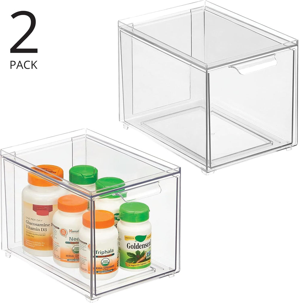 mDesign Plastic Bathroom Organizer Bin w/Pull Out Drawer - Slim Stackable Sto...
