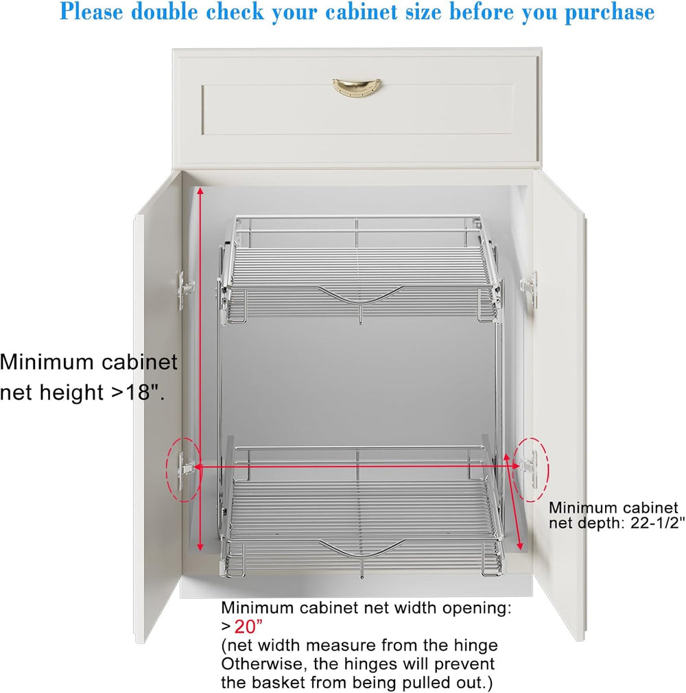 DINDON 2 Tier Pull Out Cabinet Organizer (20" W X 21" D), Double Ti...