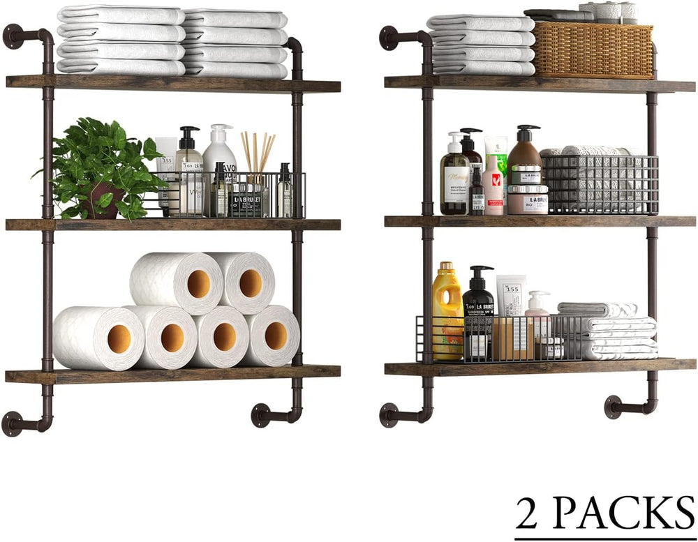 Industrial Pipe Shelf Wall Mounted, Rustic Wood Floating Shelves, 3 Tier Wall...
