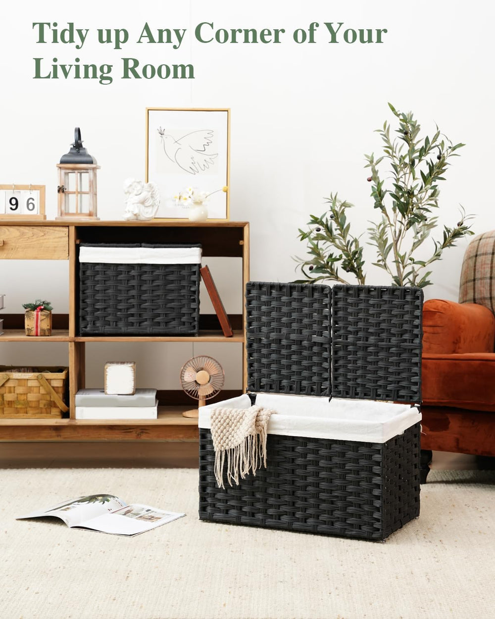 Storage Basket with Lid PE Rattan Woven Storage Bins, 65L Black