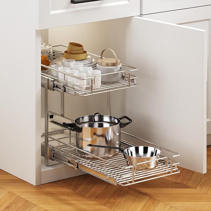 2 Tier Individual Pull Out Cabinet Organizer 13½" W x 21½" D, Heavy...