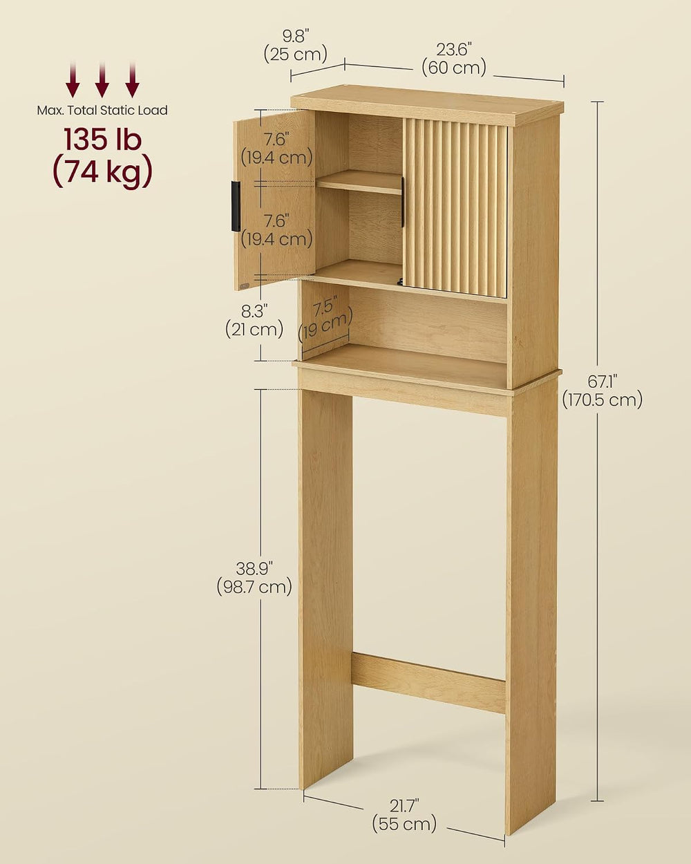 VASAGLE Over The Toilet Storage Cabinet, Doors, Adjustable Shelf, 23.6'