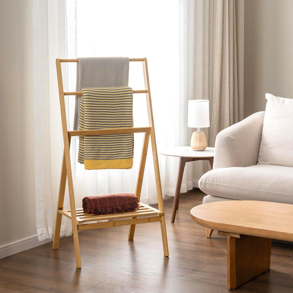 MyGift 3 Tier Bamboo Towel Rack with Shelf, Foldable Freestanding Stand