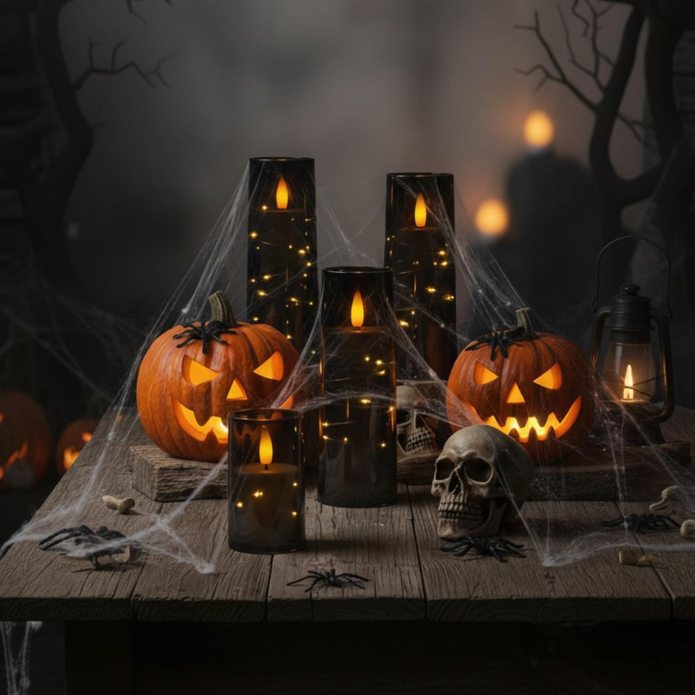Raycare 9 Pcs Black Halloween Flameless Pillar Candles with Remote Timer