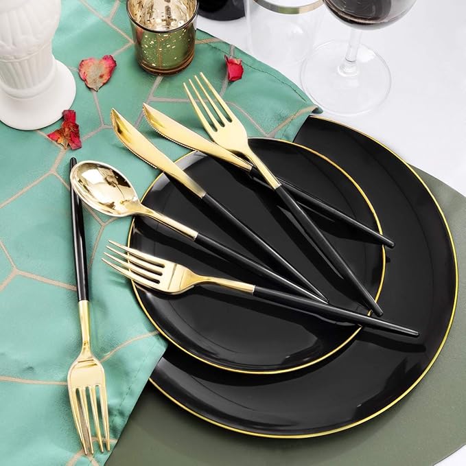 Supernal 350pcs Black Plastic Dinnerware Set - Black and Gold Plastic Plates,...