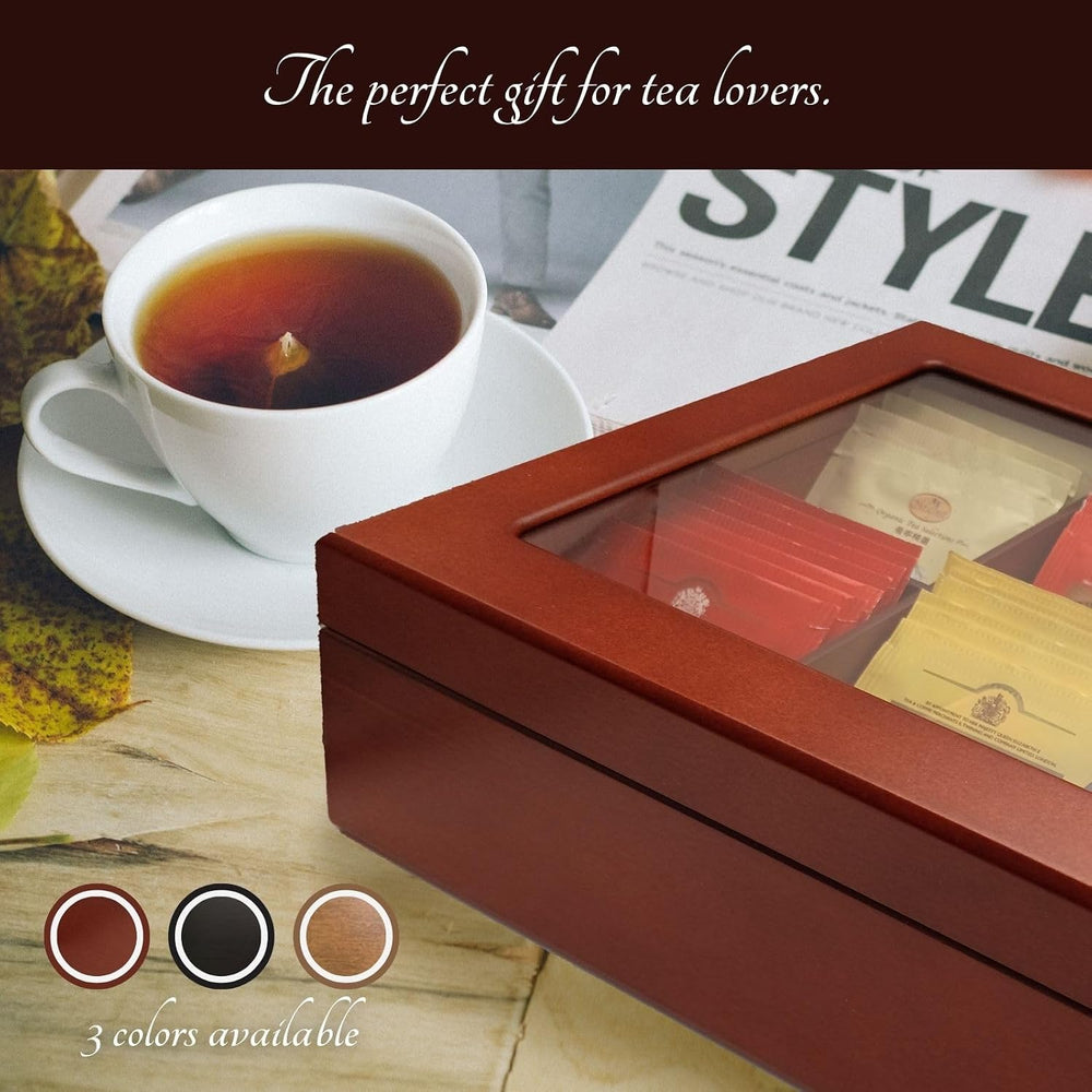 BJOYFUL&LOVED Wooden Tea Box with Glass Lid, 8-Compartment, Walnut Color