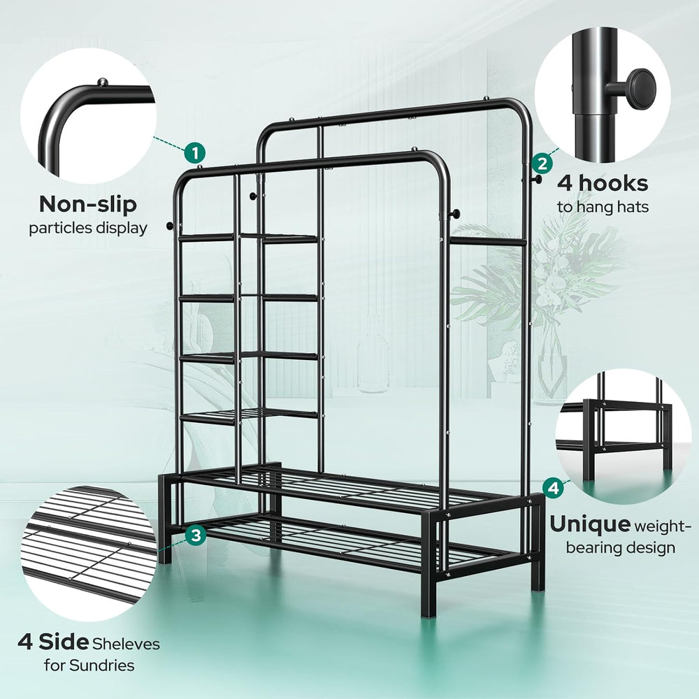 Clothes Rack with Shelves, Double Rods Clothing Rack for Bedroom, Black