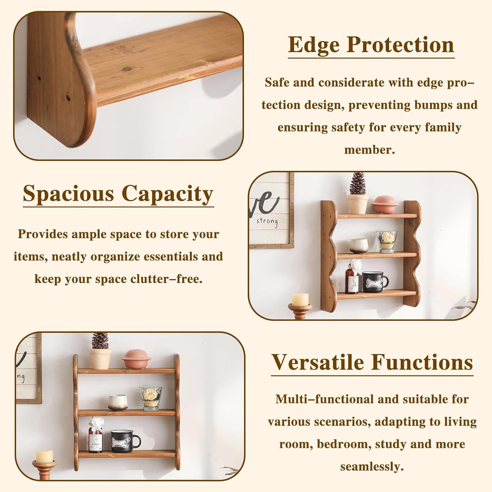 100% Solid Wood Wall Shelf 3-Tier, Rustic Floating Shelves Wall Mounted Stora...