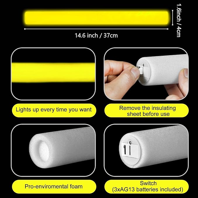 Glow Foam Sticks Bulk, 24 Pcs Yellow Giant LED Light Up Sticks 3 Modes Flashi...