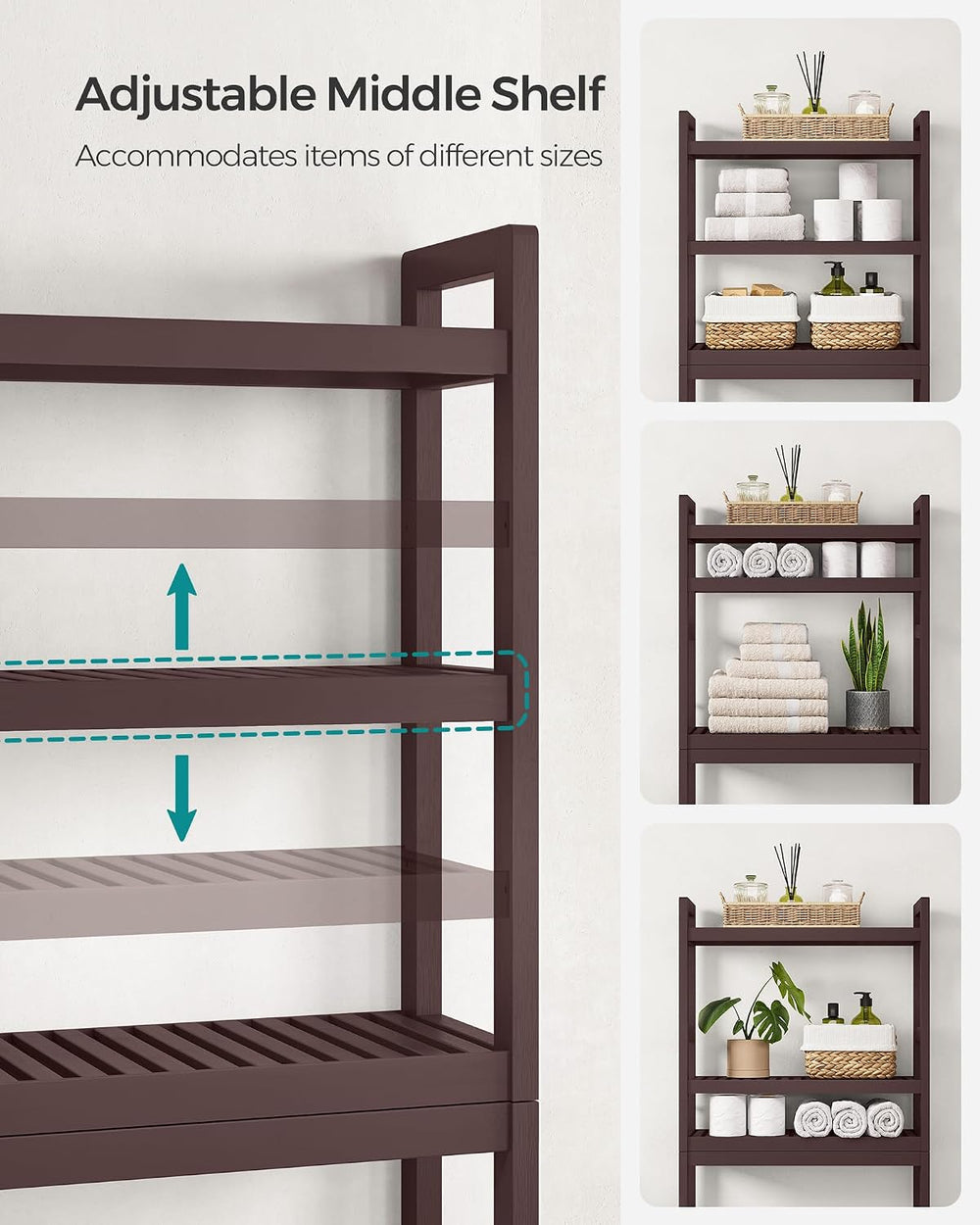 SONGMICS 3-Tier Bamboo Over The Toilet Storage, Adjustable Shelf, 66.9'