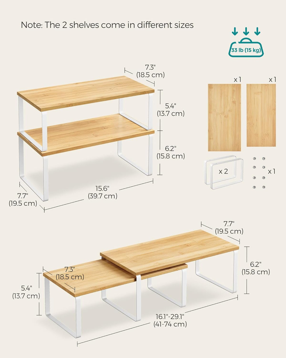 SONGMICS Cabinet Organizer Shelf, Set of 2 Spice Rack, Kitchen Storage