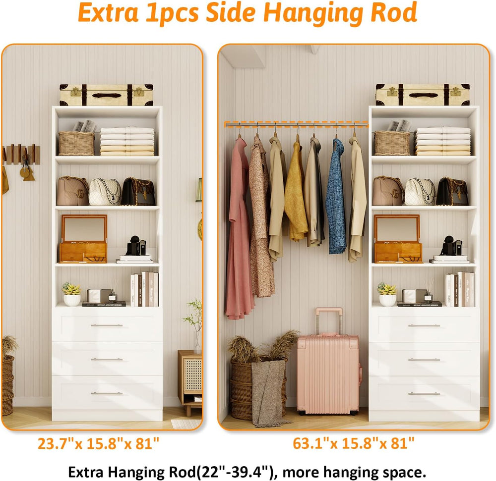Closet System with 3 Drawers & 4 Shelves, Wood Closet Organizer System wi...