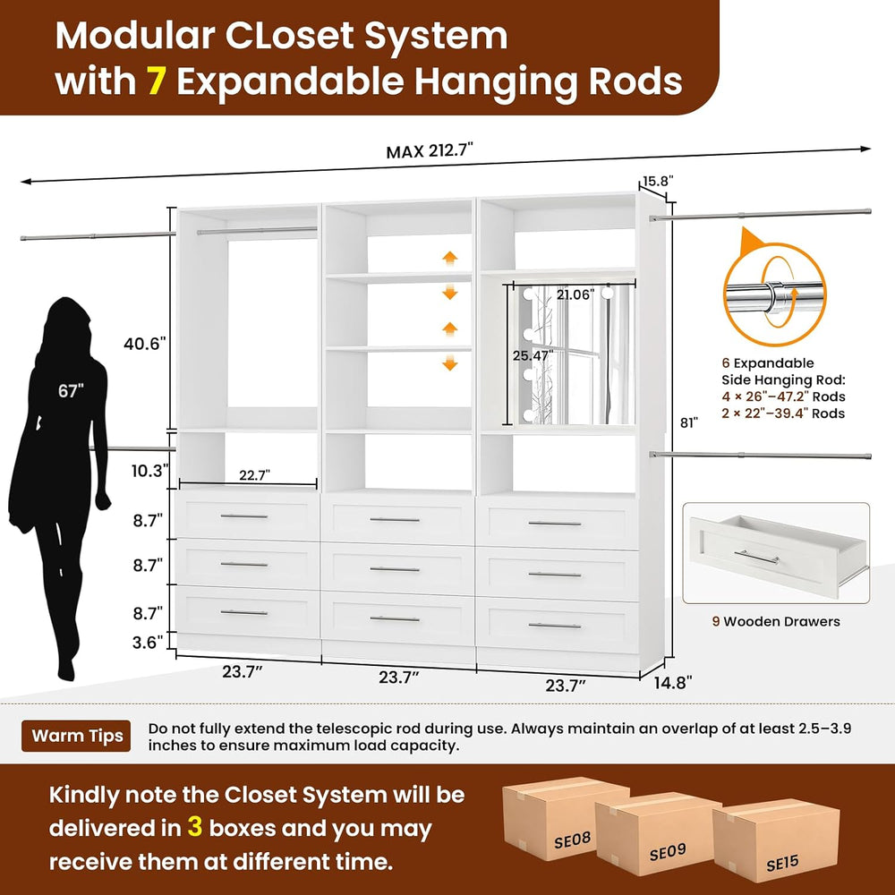 Closet System with 9 Drawers, 6-20FT Custom Closet Organizer System