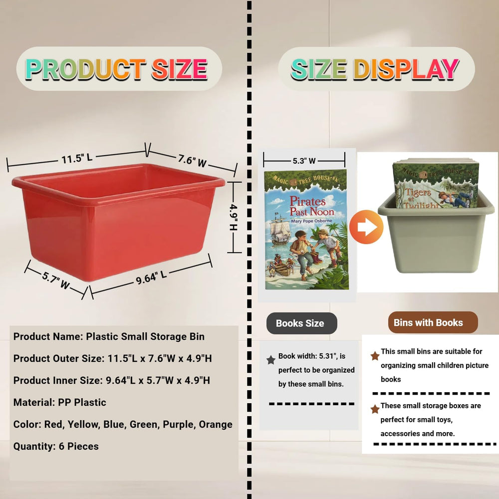 6 Pack Small Cubby Bins, Plastic Storage Containers for Classroom, Rainbow