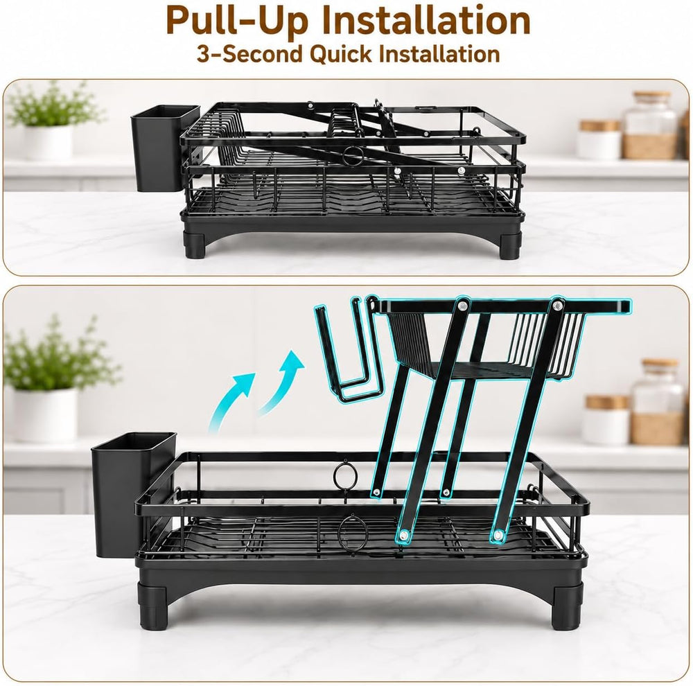 2-Tier Expandable Dish Drying Rack for Kitchen Counter and Over Sink, Black