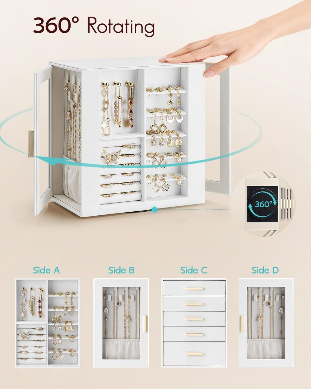 VLANDO 360°Rotating PU Leather Jewelry Box With 5 Drawers & Glass Window