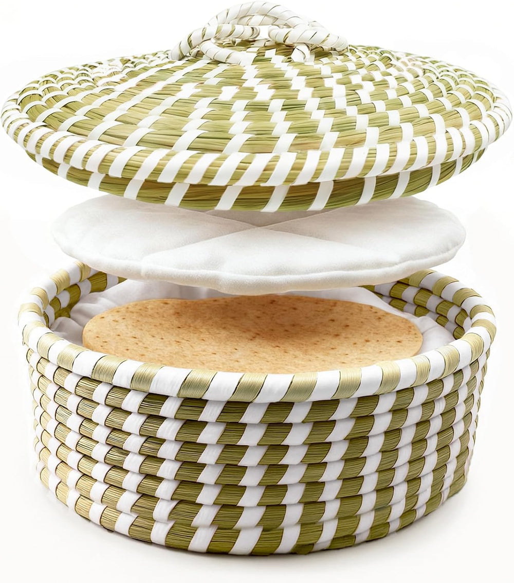 Handwoven Seagrass Tortilla Warmer Basket with Lid, 9.6" Breathable Natu...