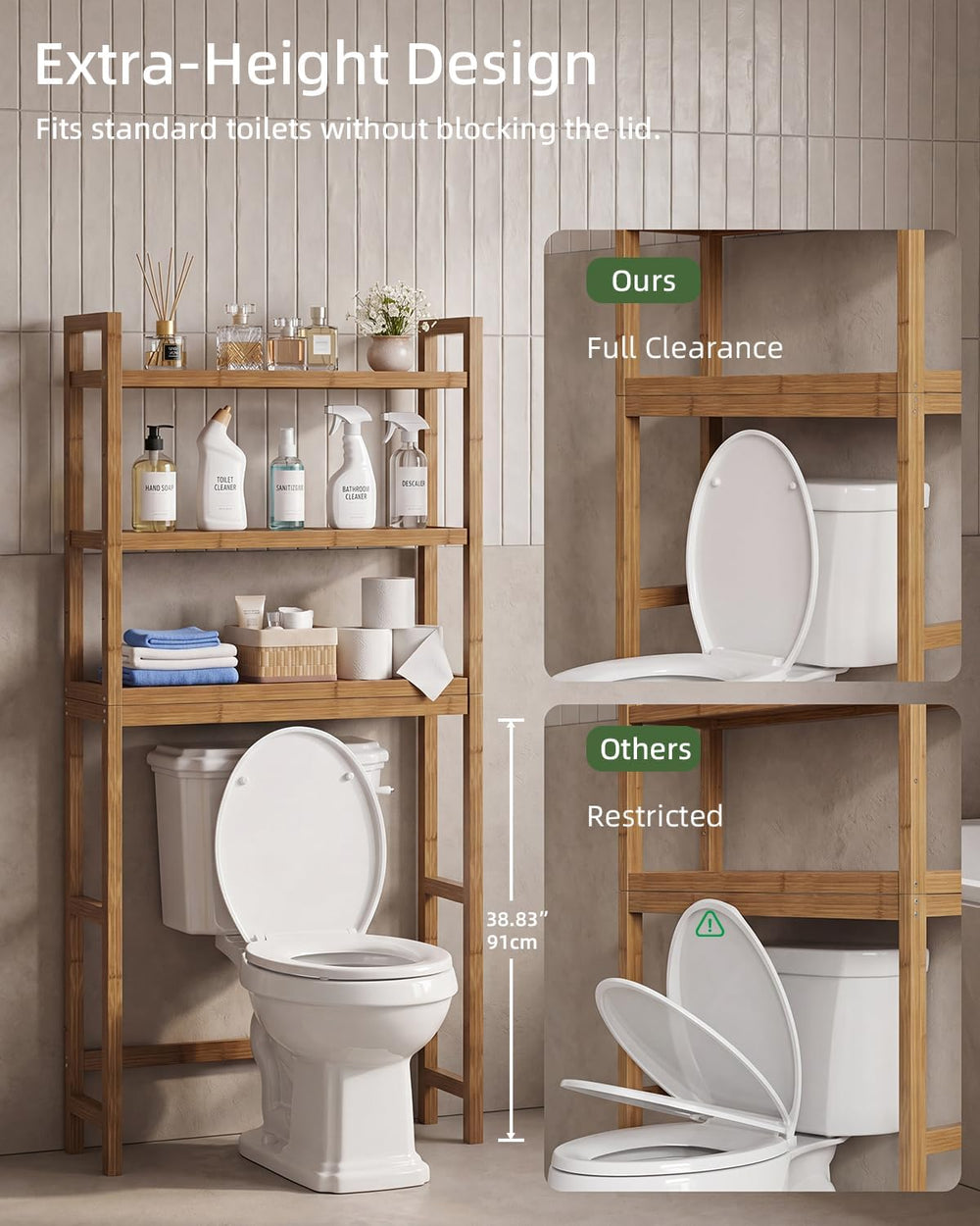 SMIBUY Bathroom Storage Shelf, Bamboo Over-The-Toilet Organizer Rack, Freesta...
