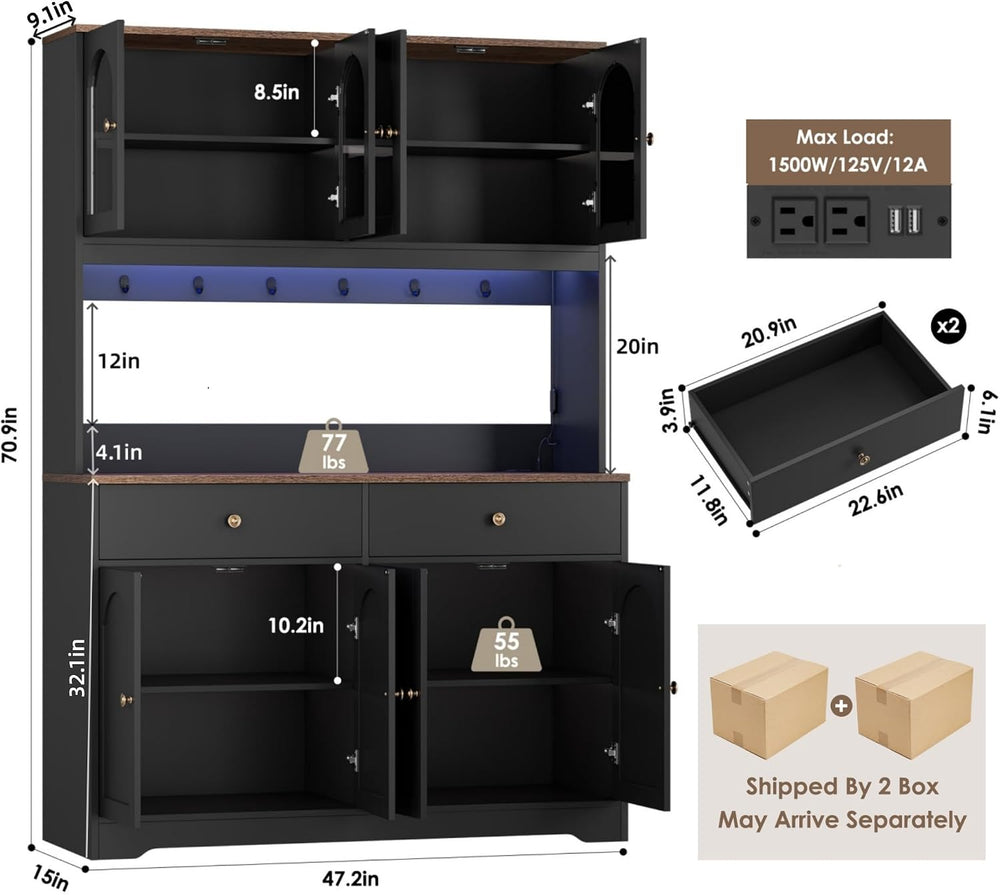 71" LED Kitchen Pantry Cabinet with Power Outlet, Tall Hutch, Black