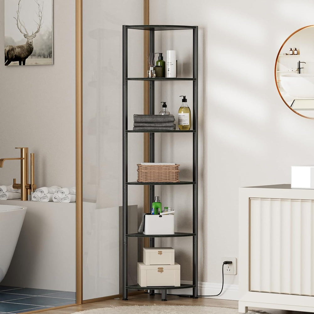 Furnulem 6 Tier Corner Shelf with LED Light, 67.5" Black Narrow Bookshelf