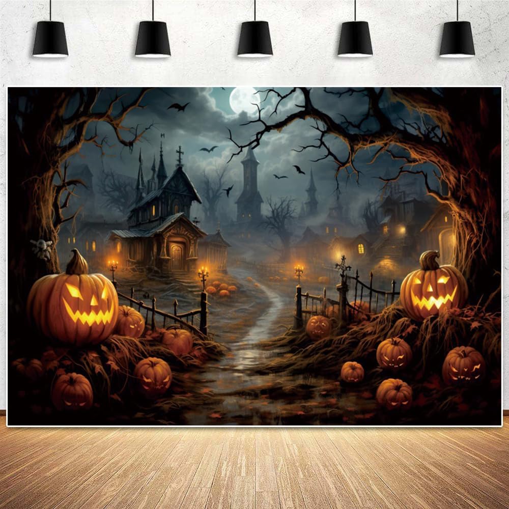 10x8ft Vinyl Horror Halloween Night Backdrop Halloween Pumpkin Withered Tree ...