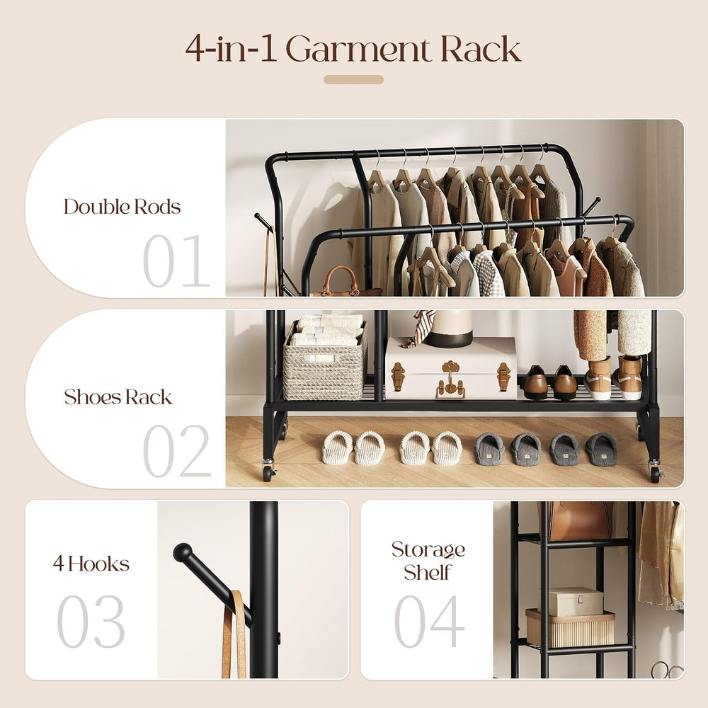 Yoobure Double Rods Clothes Rack - Portable Clothing Rack with Wheels, Rollin...