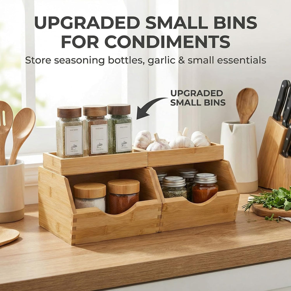 Bamboo Pantry Storage Bins Set 5 Pieces - Stackable Baskets, Potato and Onion...