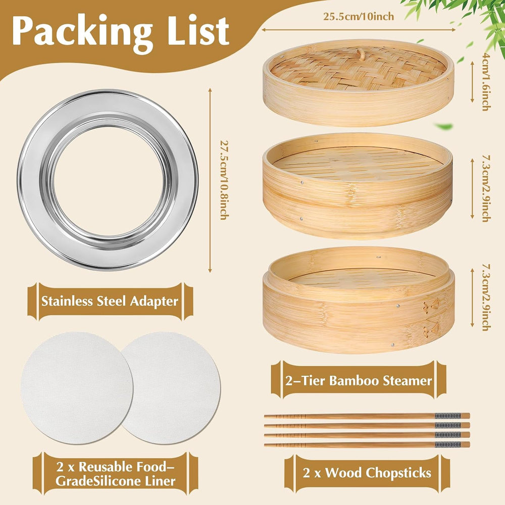 Bamboo Steamer 2 Tier 10-Inch Steaming Basket, Bun Vegetable Steam, Dumpling ...
