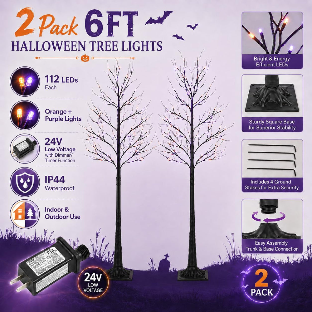 6FT LED Lighted Halloween Tree 2-Pack Orange Purple Lights Décor