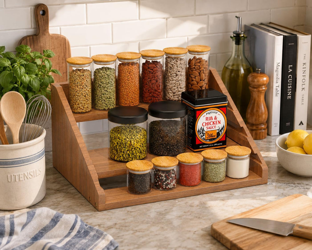 Solid Wood Spice Rack Organizer for Countertop & Cabinet, 4 Tier Adjustab...