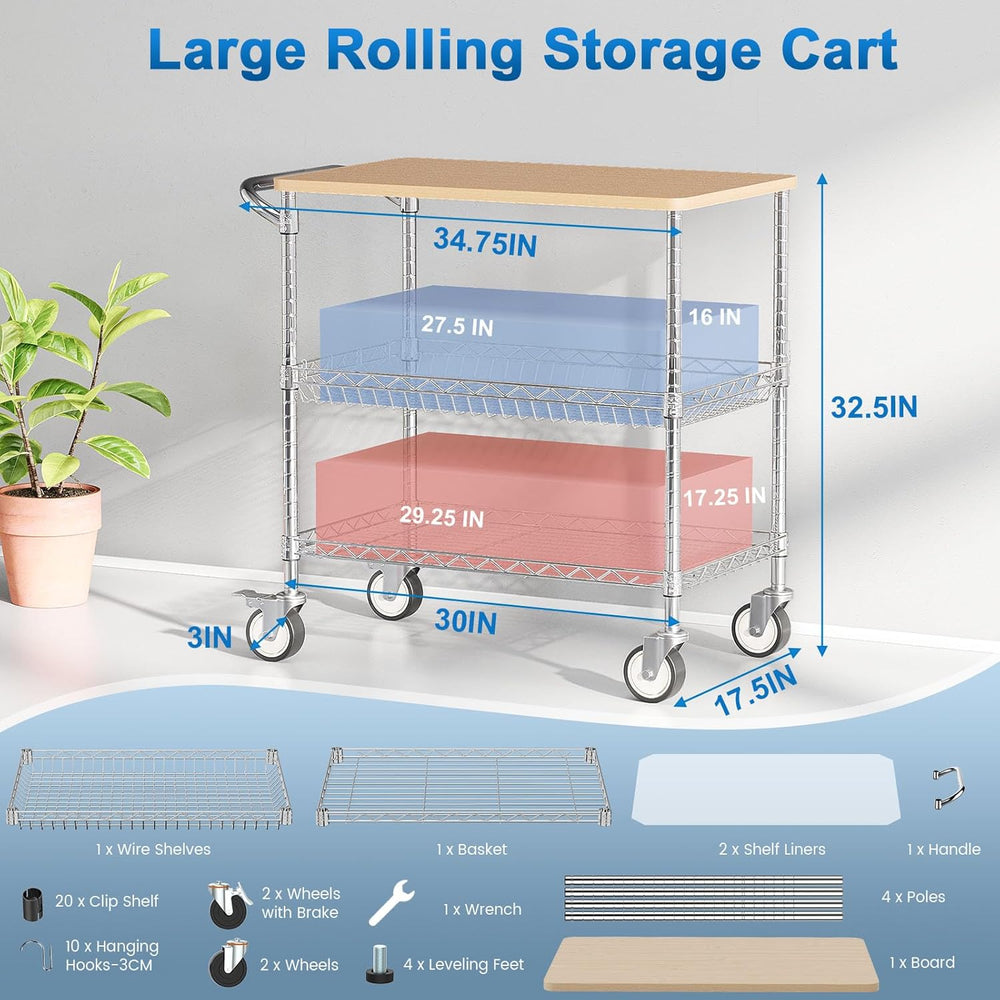 Rolling Kitchen Carts with Wheels, 3-Tier Utility Cart with Wood Tabletop