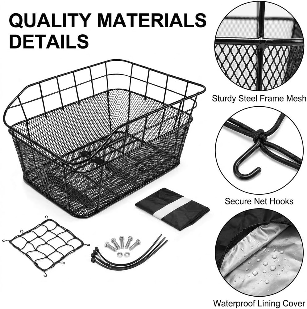 ANZOME Rear Bike Basket, Waterproof Metal Wire Bicycle Basket with Adjustable...
