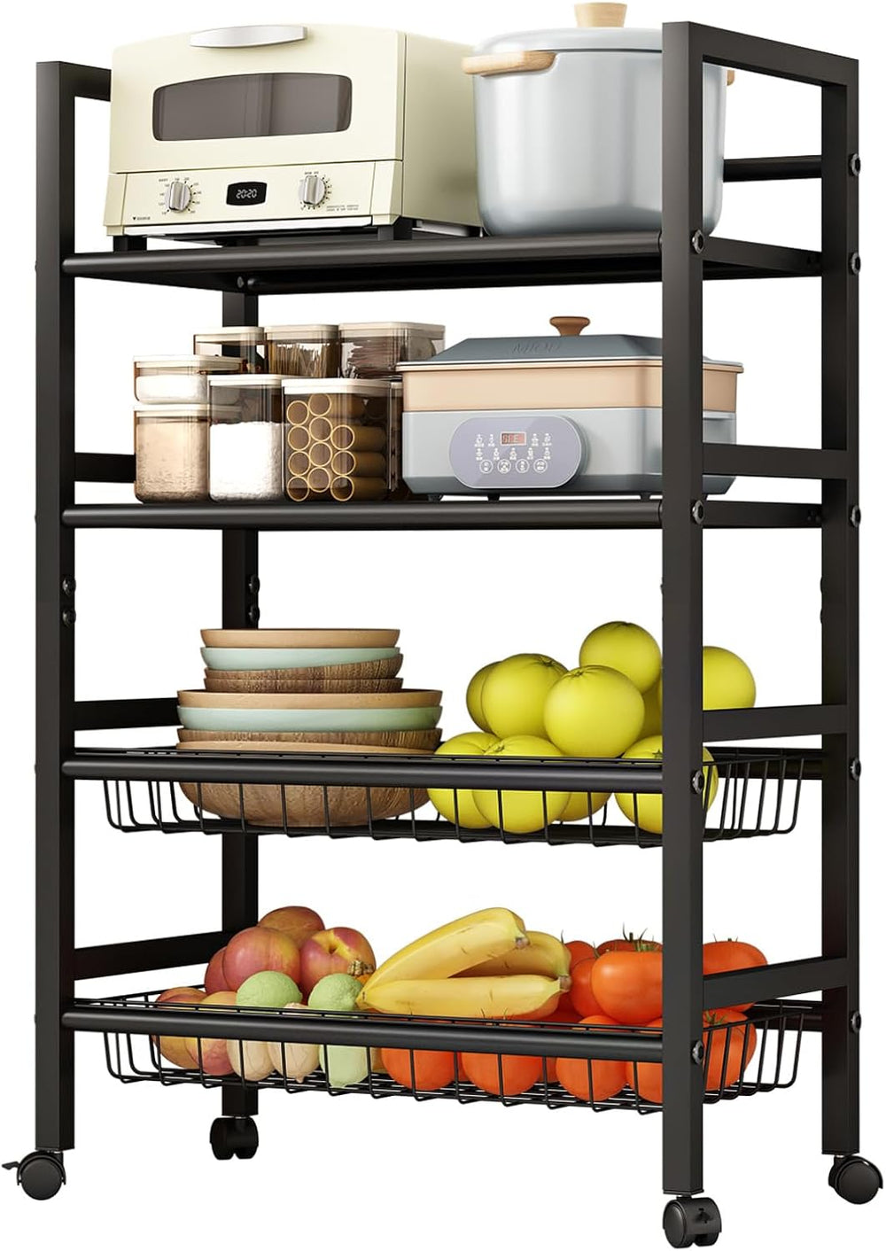4-Tier Rolling Metal Storage Cart Mobile Organizer with Removable Grid Basket...