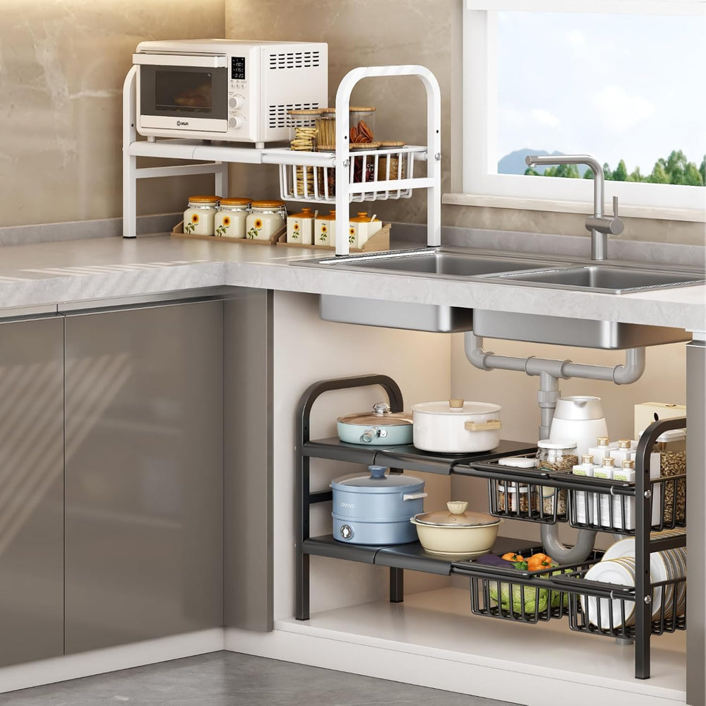 Under Sink Organizer,2 Tier Expandable Heavy Duty Metal Shelf,with 5 Removabl...