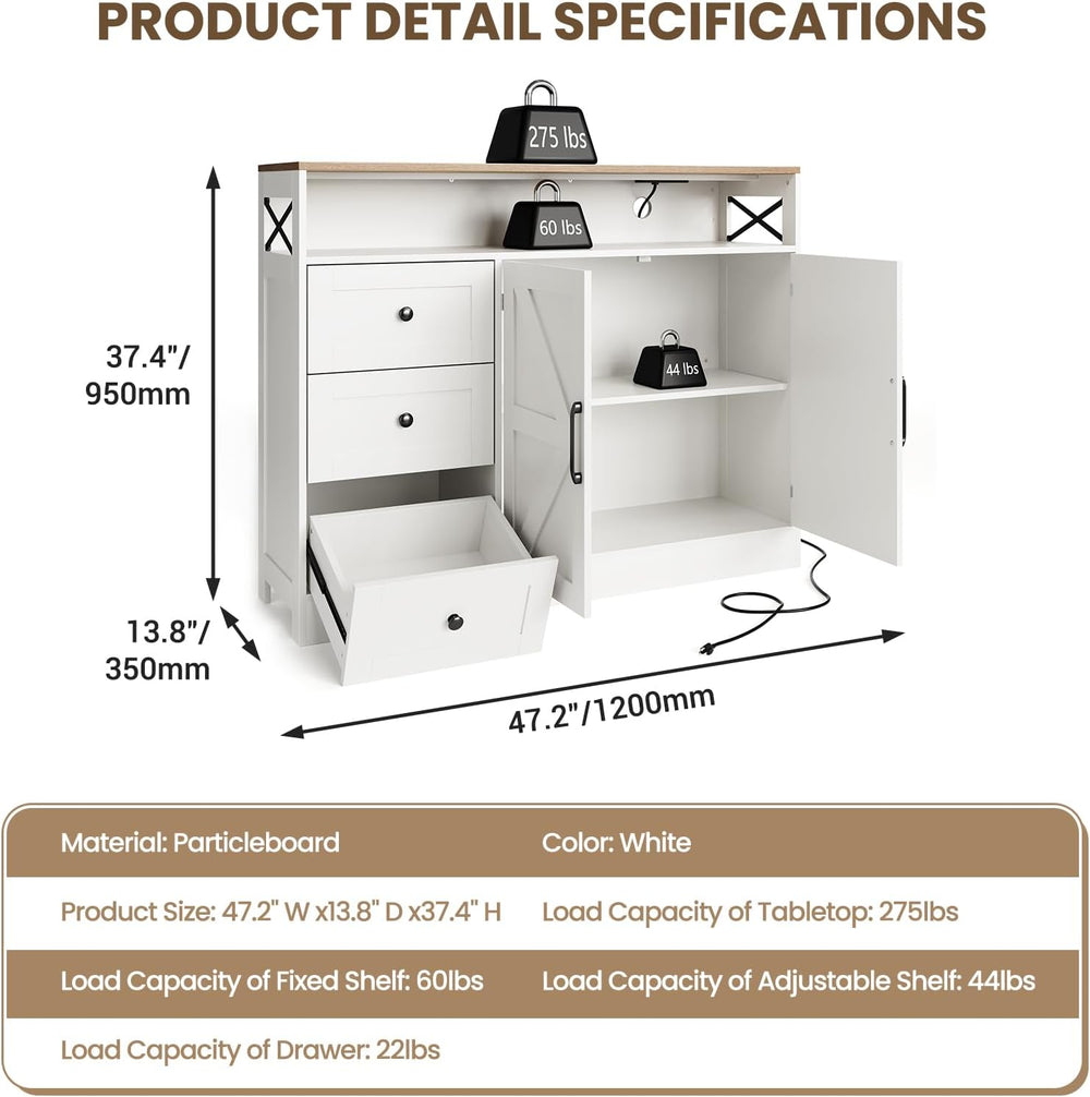 47.2'' Sideboard Buffet Cabinet with Storage, 3 Drawers 2 Doors, White