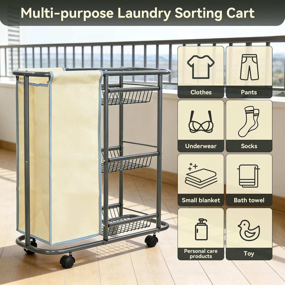 Slim Laundry Cart with Wheels, 3 Tier Rolling Laundry Sorter with 45L Bag