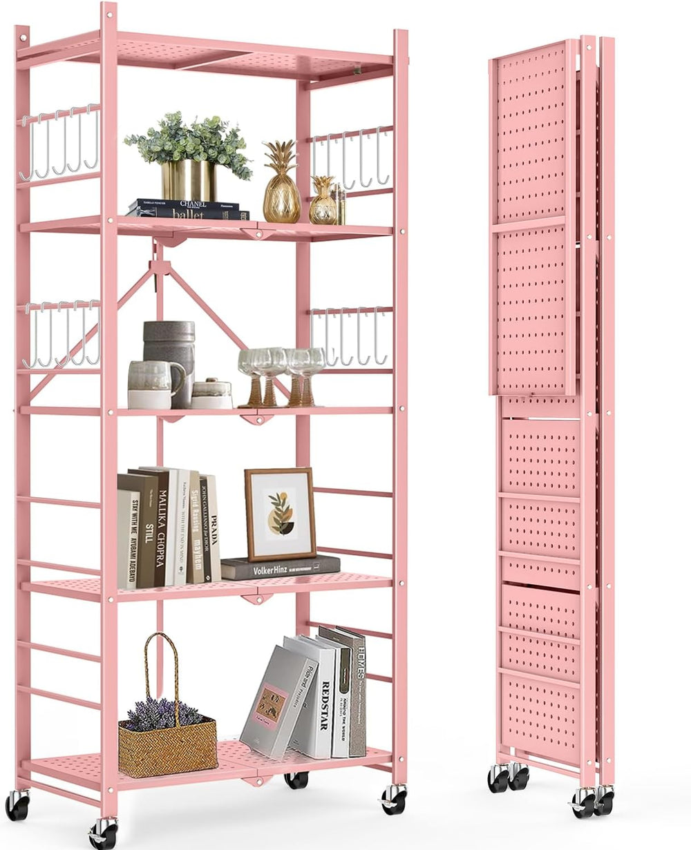 5-Tier Folding Storage Shelves with 20 Hooks Wheels Home Pink