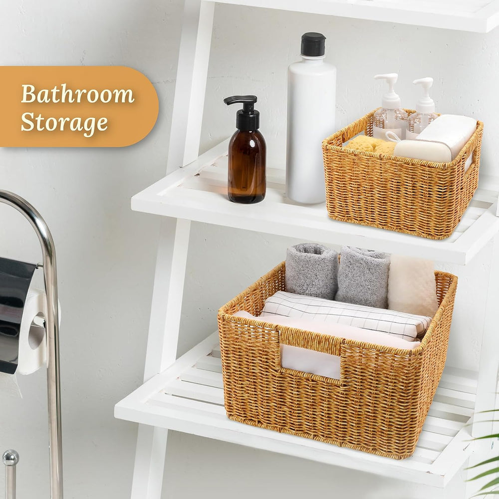 WeeNest Baskets with Handles, Wicker Storage, Set of 3, Amber